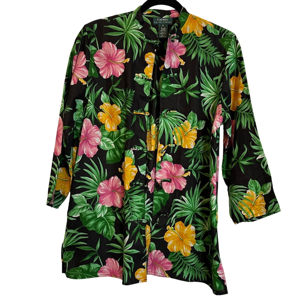 Lauren Ralph Lauren Linen Tropical Hibiscus Frog Toggle Jacket Black Floral M
